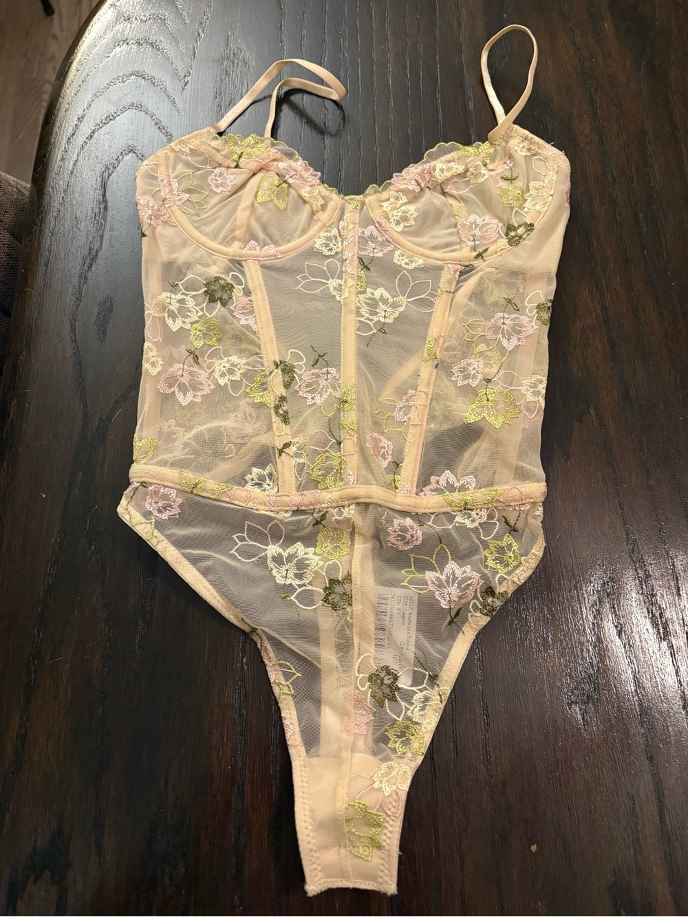 Lingerie:Sheer Floral Embroidered Bodysuit - Blush Pink